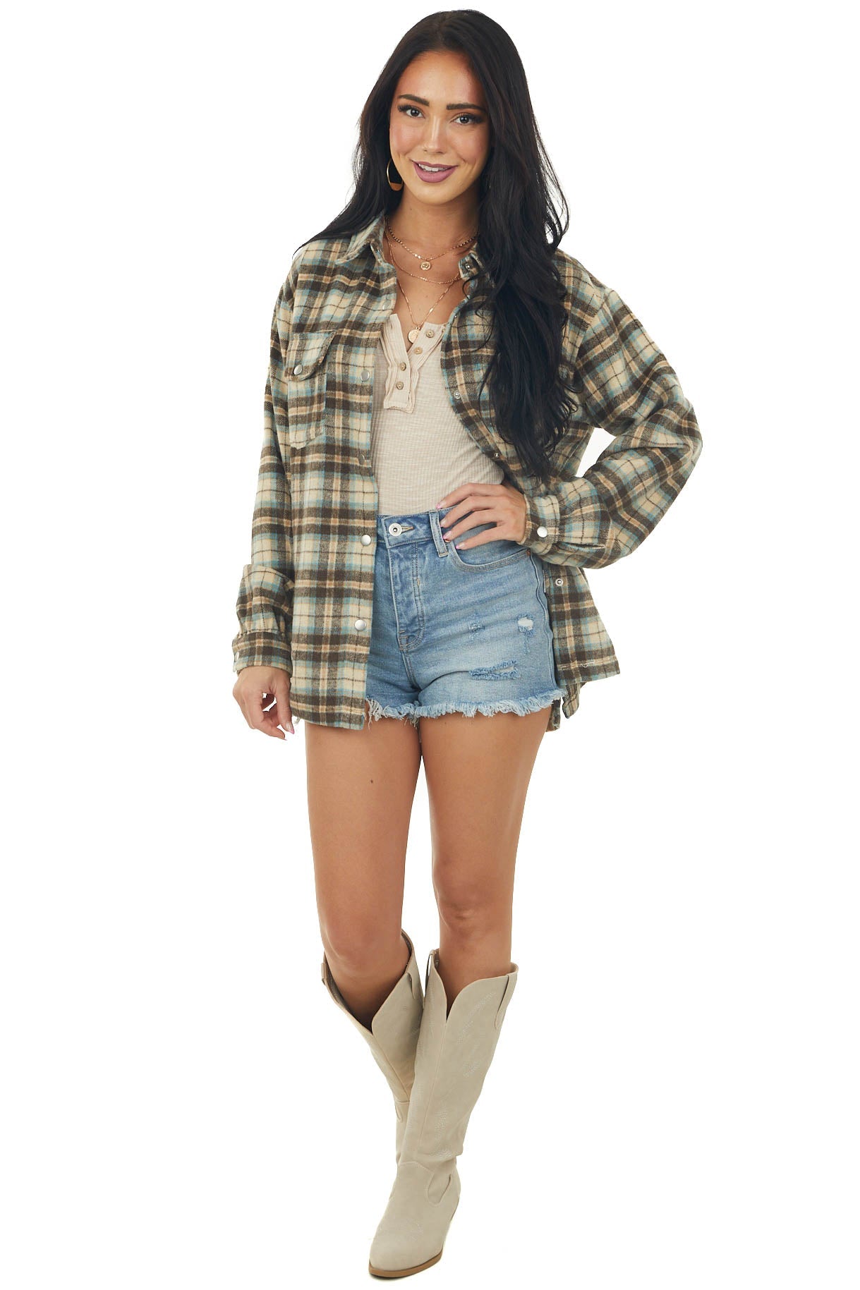 Beige Plaid Woven Shacket with Chest Pockets