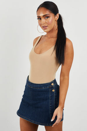 Beige Scoop Neck Sleeveless Silky Knit Bodysuit