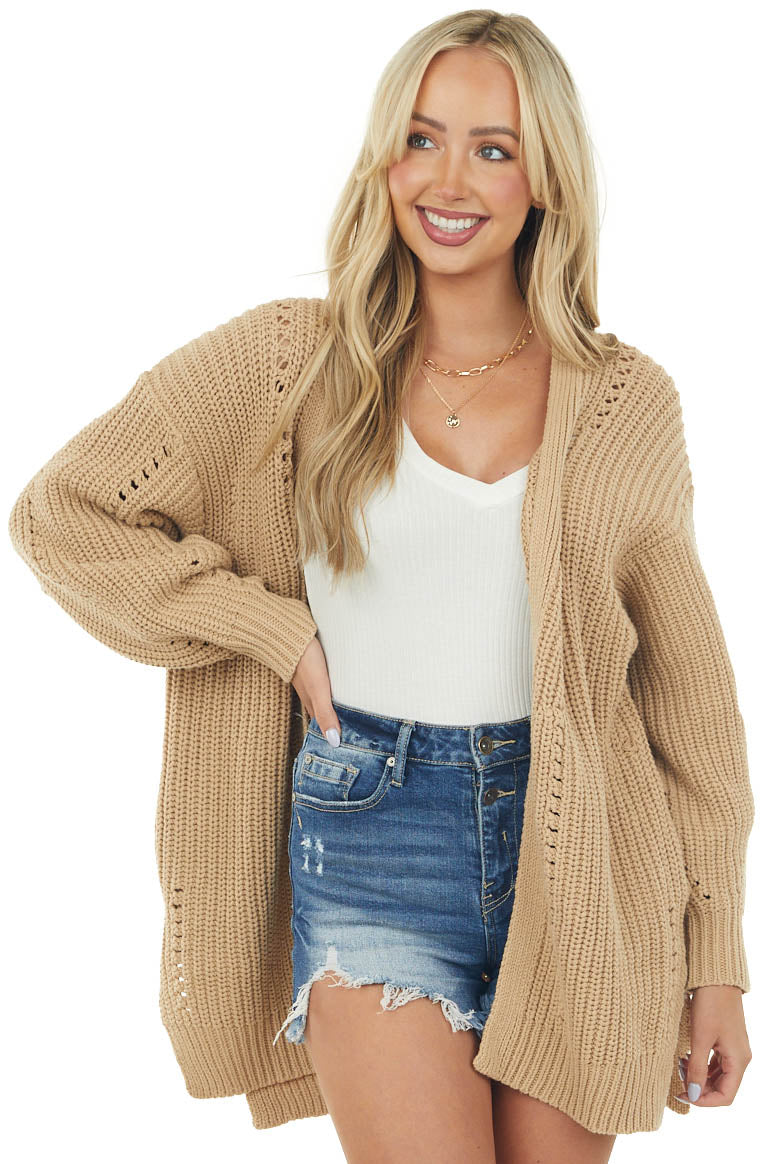 Beige Side Pocket Pointelle Cardigan