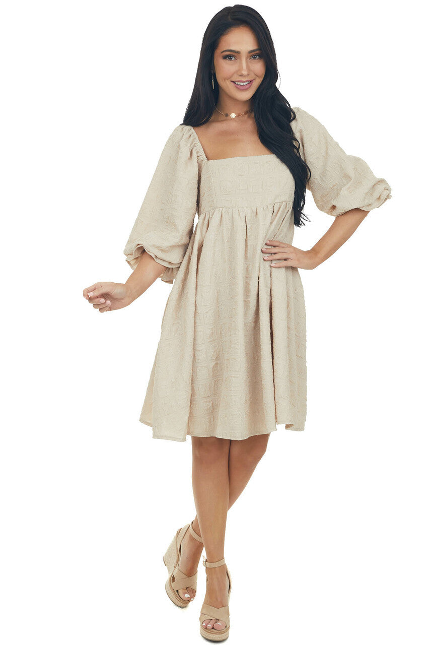 Beige Textured Woven Babydoll Short Dress