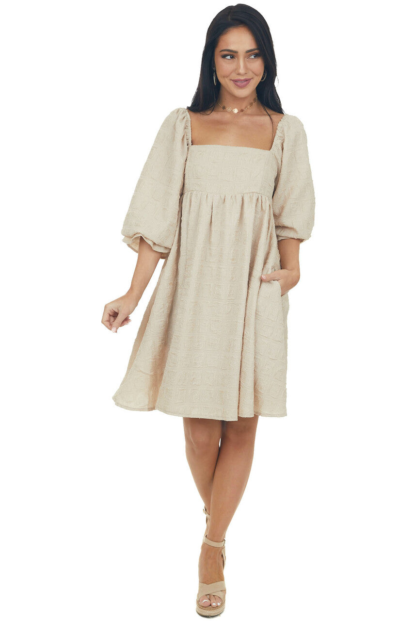 Beige Textured Woven Babydoll Short Dress