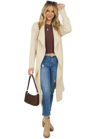 Beige Thick Knit Longline Belted Lapel Cardigan