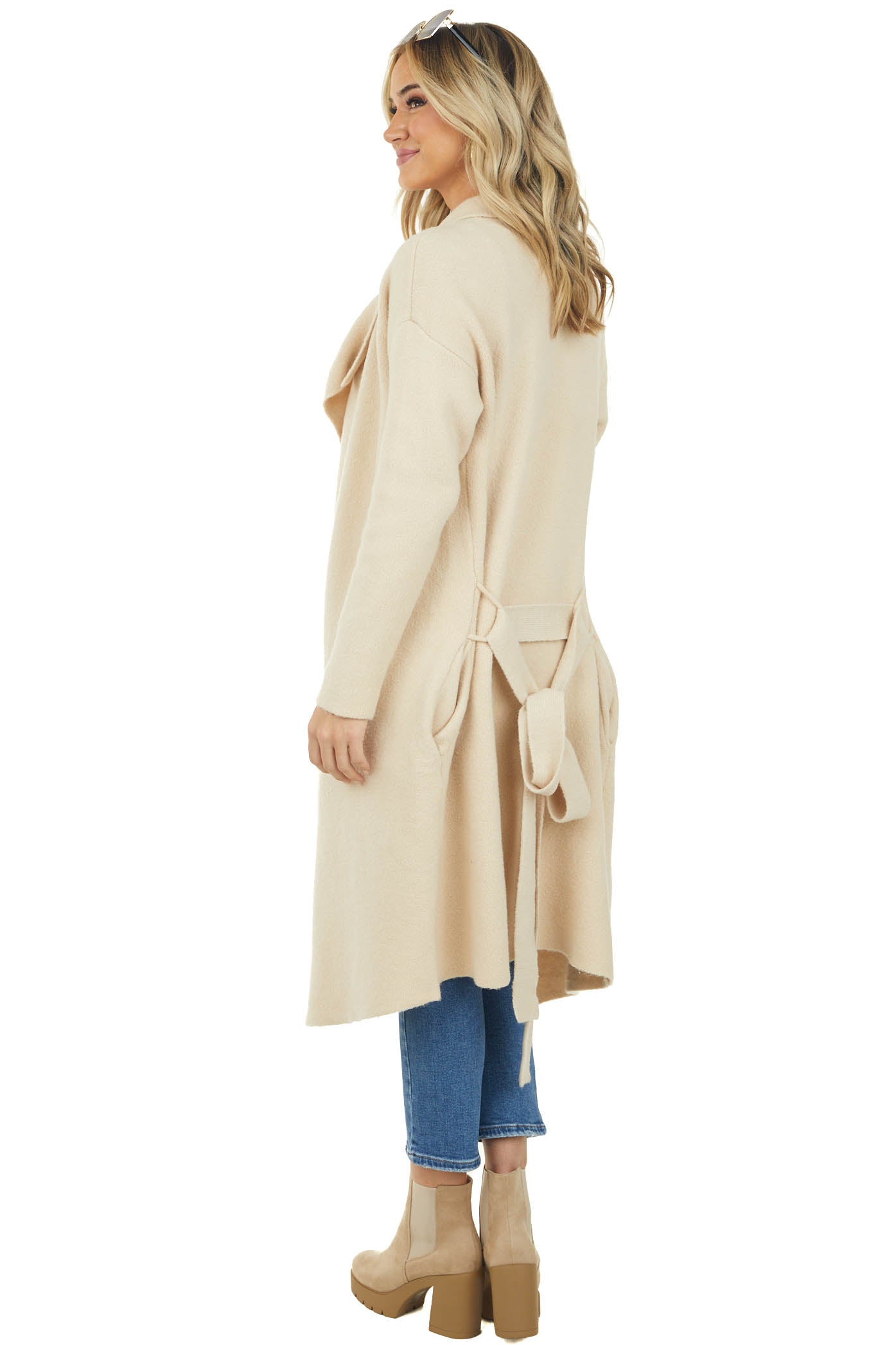 Beige Thick Knit Longline Belted Lapel Cardigan