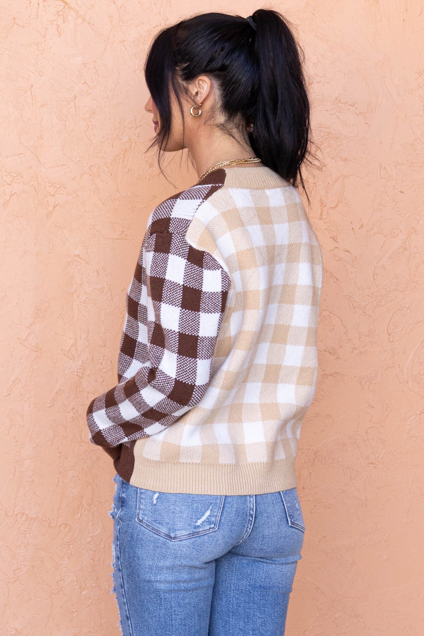 Beige Two Tone Plaid Button Up Knit Cardigan