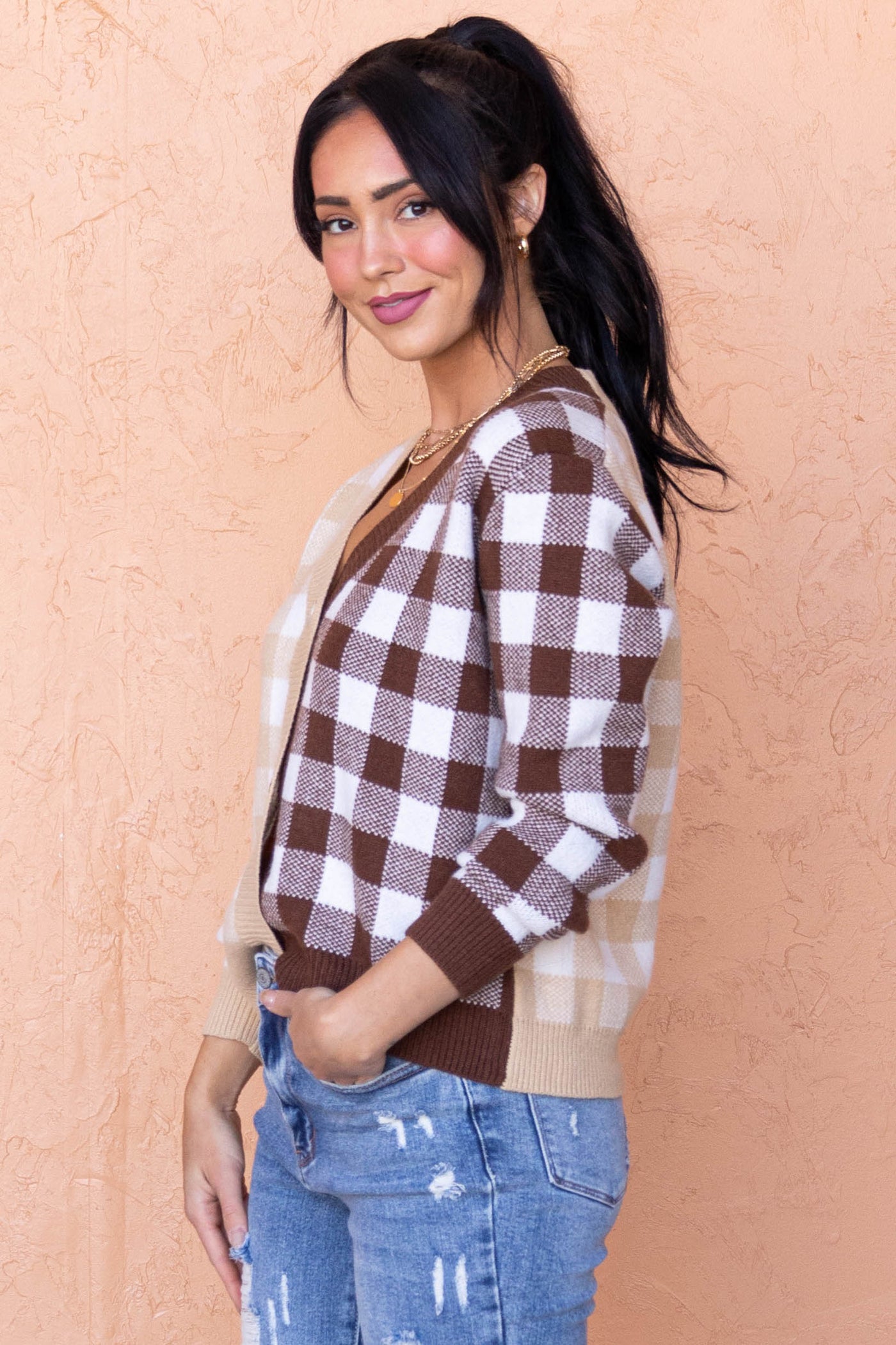 Beige Two Tone Plaid Button Up Knit Cardigan