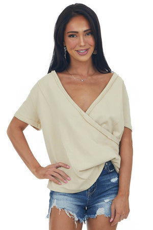 Beige V Neck Crossover Short Sleeve Top