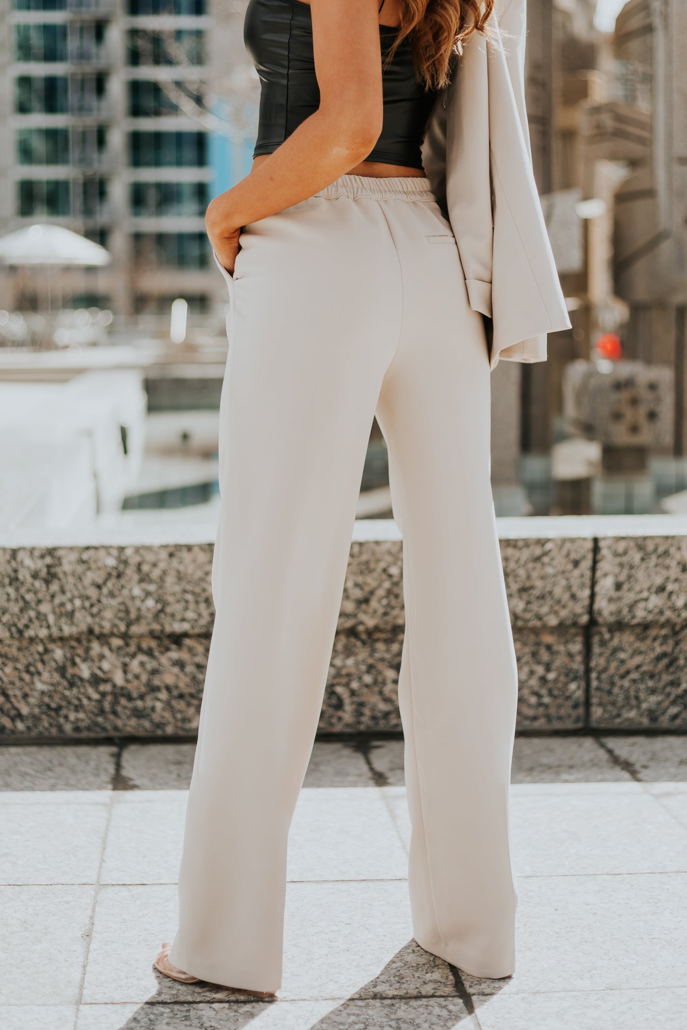 Beige Wide Leg Elastic Waist Woven Pants