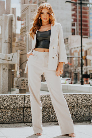 Beige Wide Leg Elastic Waist Woven Pants