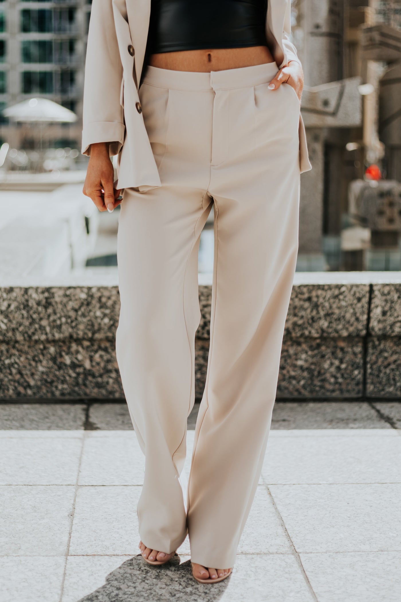 Beige Wide Leg Elastic Waist Woven Pants