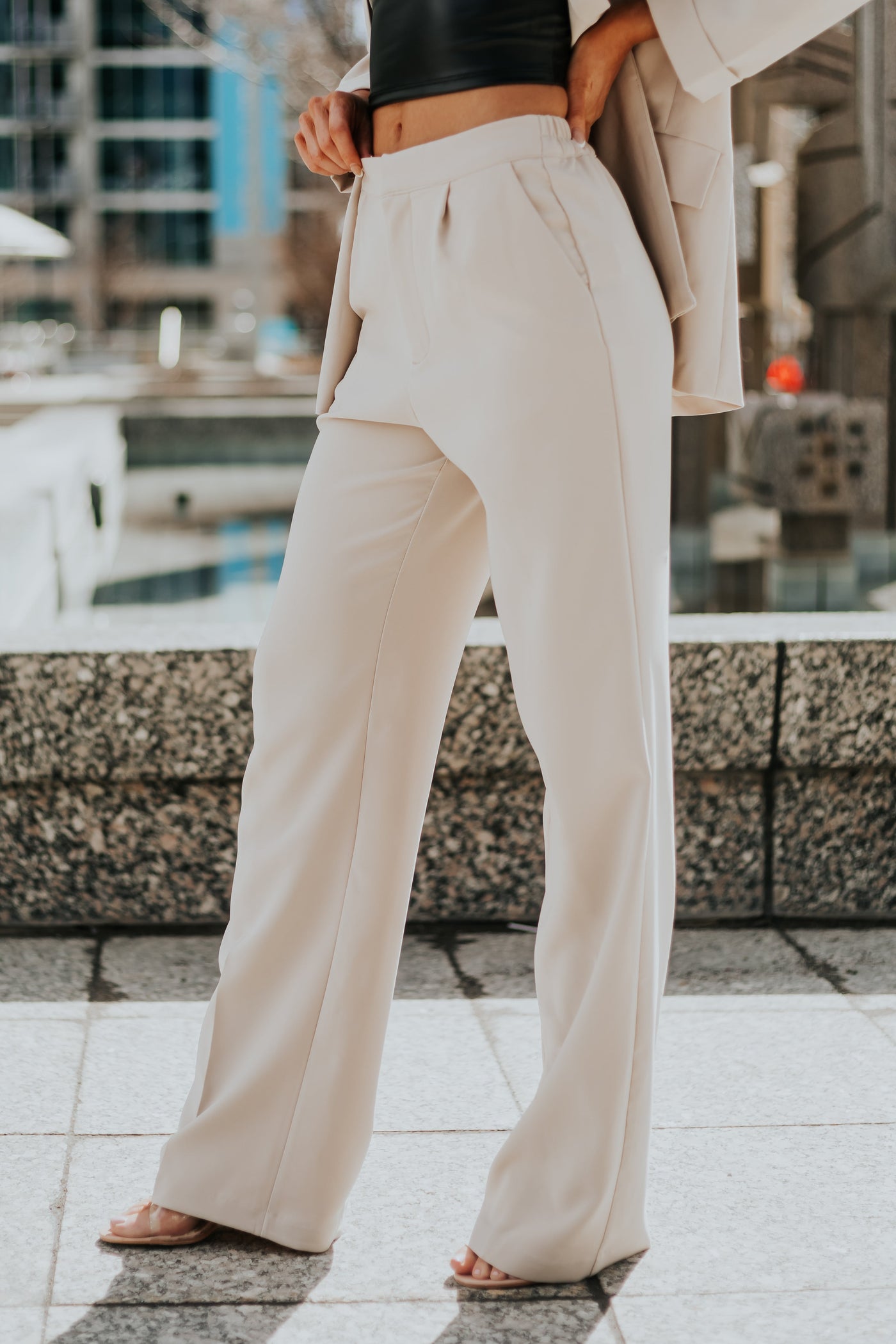 Beige Wide Leg Elastic Waist Woven Pants