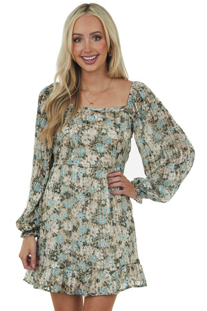 Beige and Arctic Blue Floral Print Short Dress