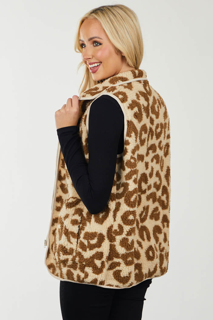 Beige and Sepia Leopard Print Sherpa Vest