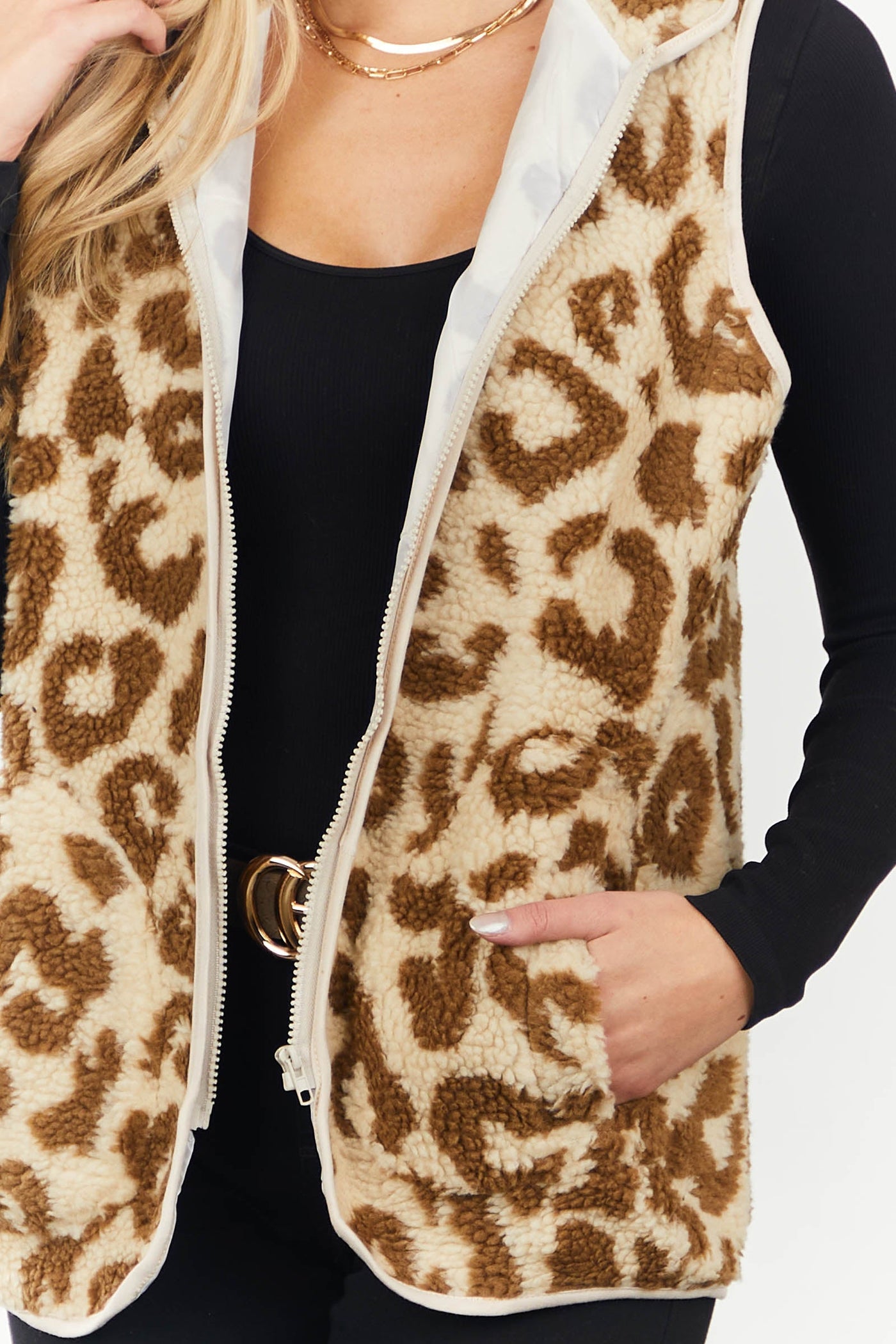 Beige and Sepia Leopard Print Sherpa Vest