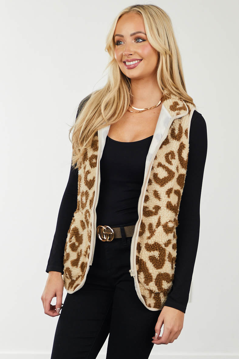 Beige and Sepia Leopard Print Sherpa Vest
