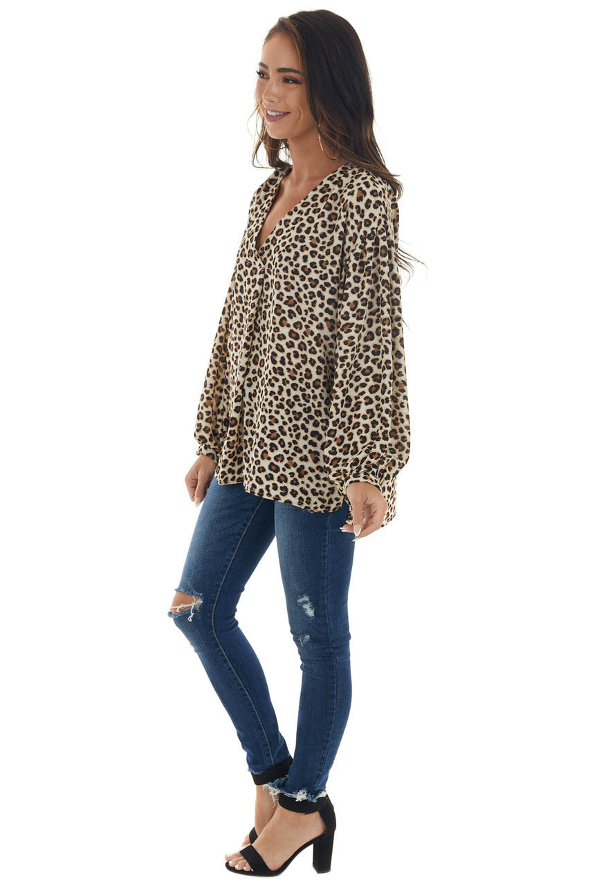 Beige Leopard Print Long Puff Sleeve Woven Top