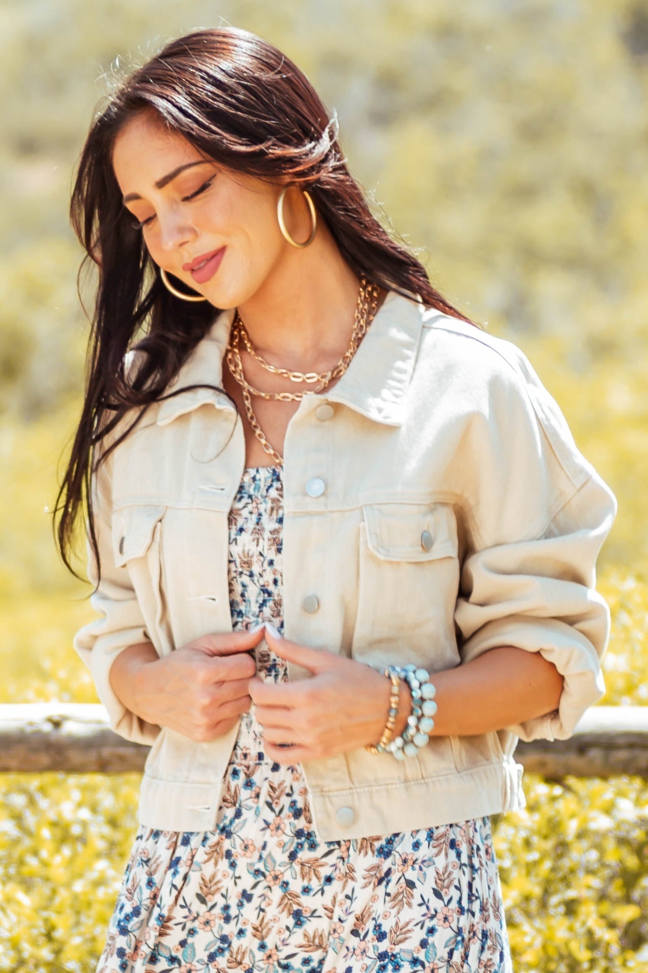 Beige Button Up Cargo Chest Pocket Collared Jacket