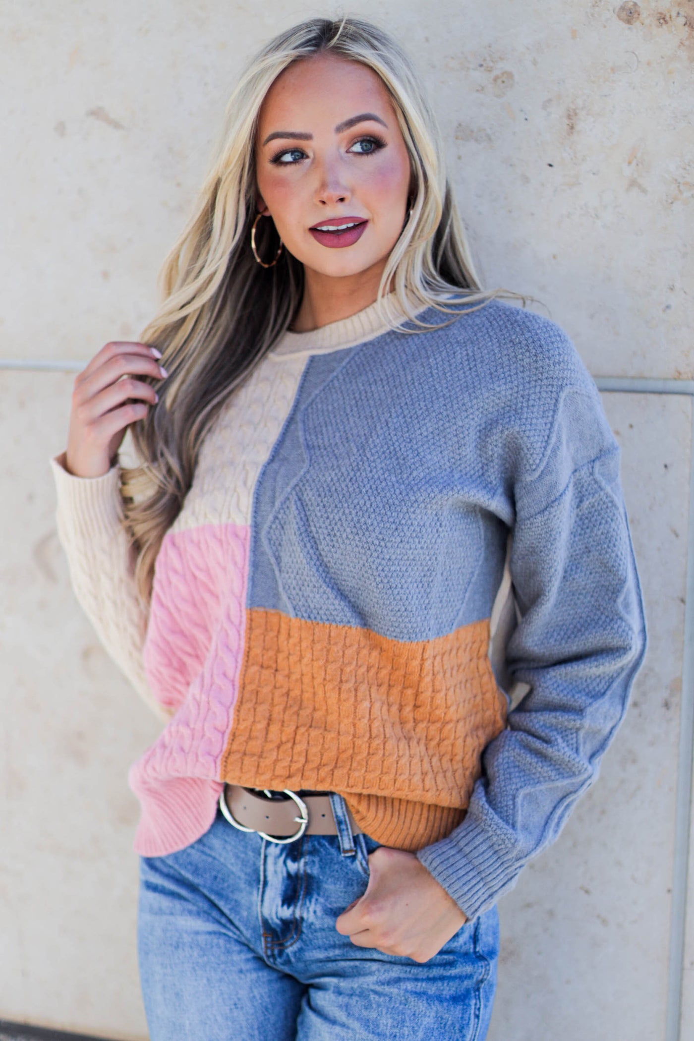 Beige Colorblock Long Sleeve Cable Knit Sweater