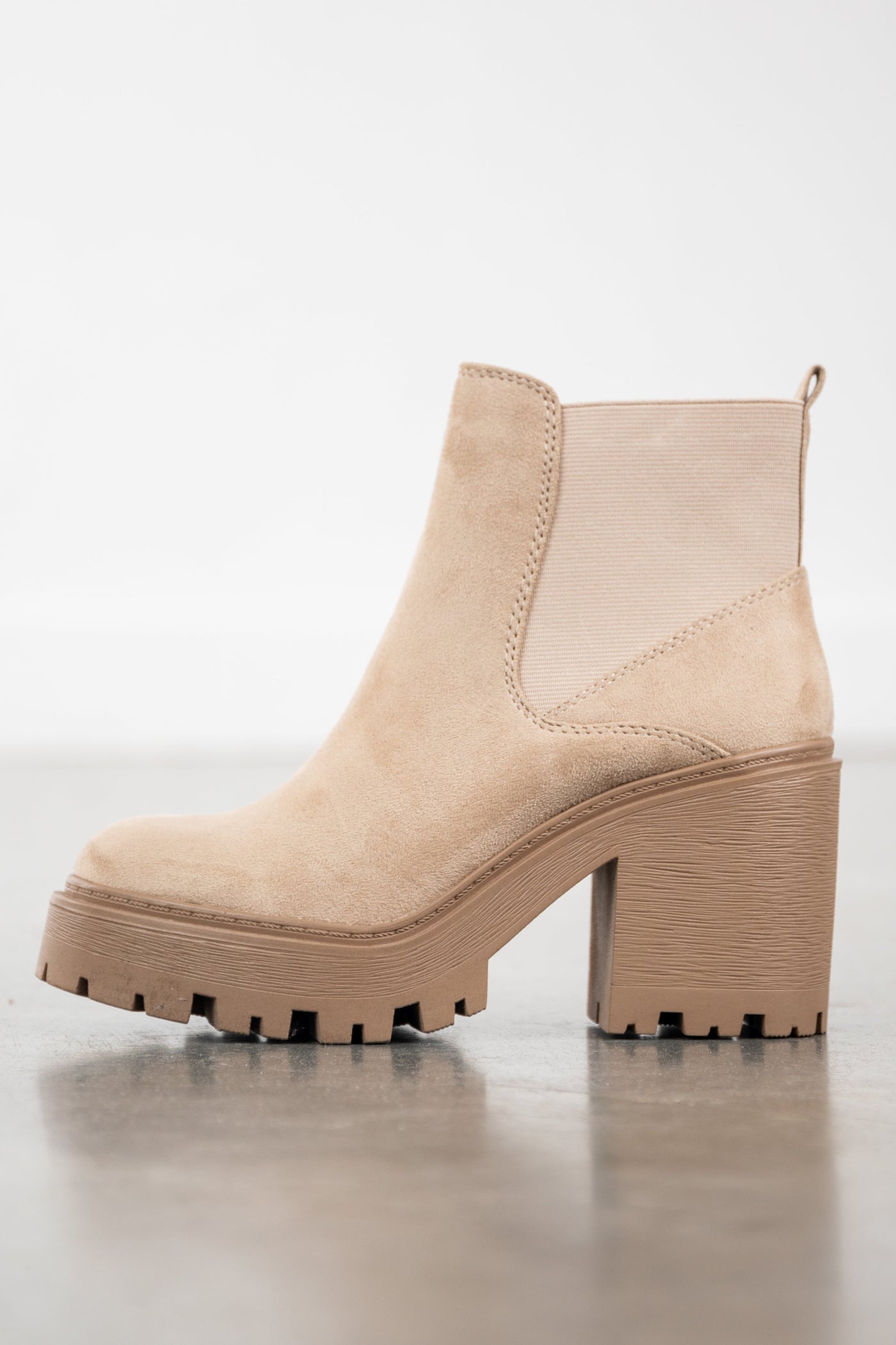 Beige Faux Suede Elastic Side Panel Lug Booties