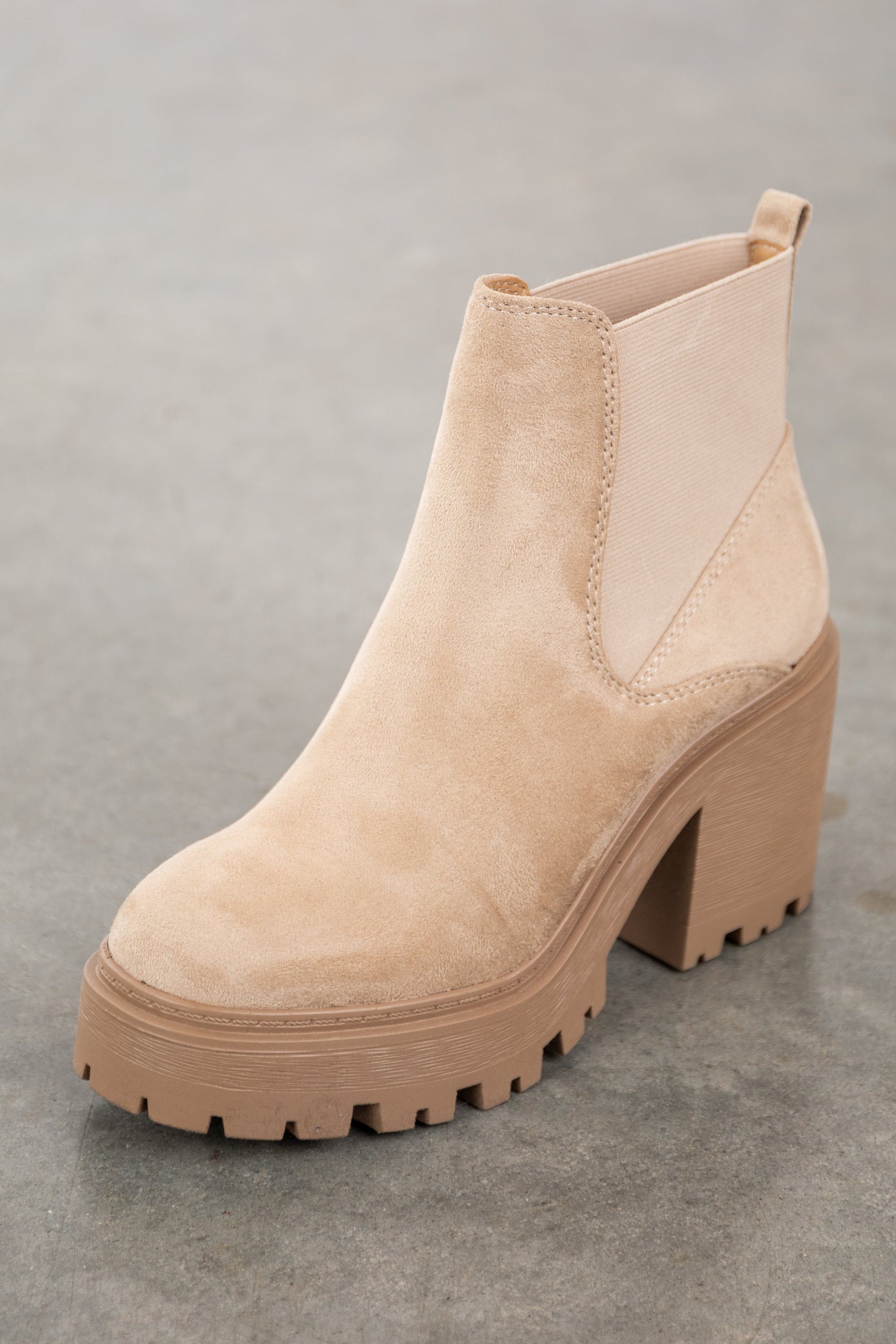 Beige Faux Suede Elastic Side Panel Lug Booties