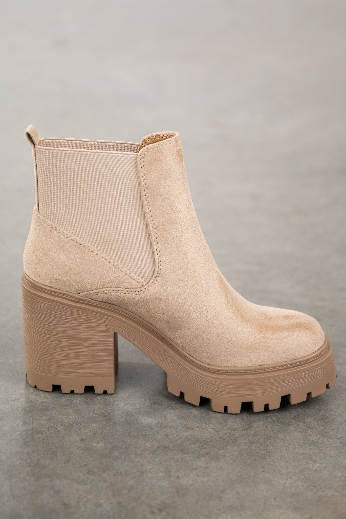 Beige Faux Suede Elastic Side Panel Lug Booties