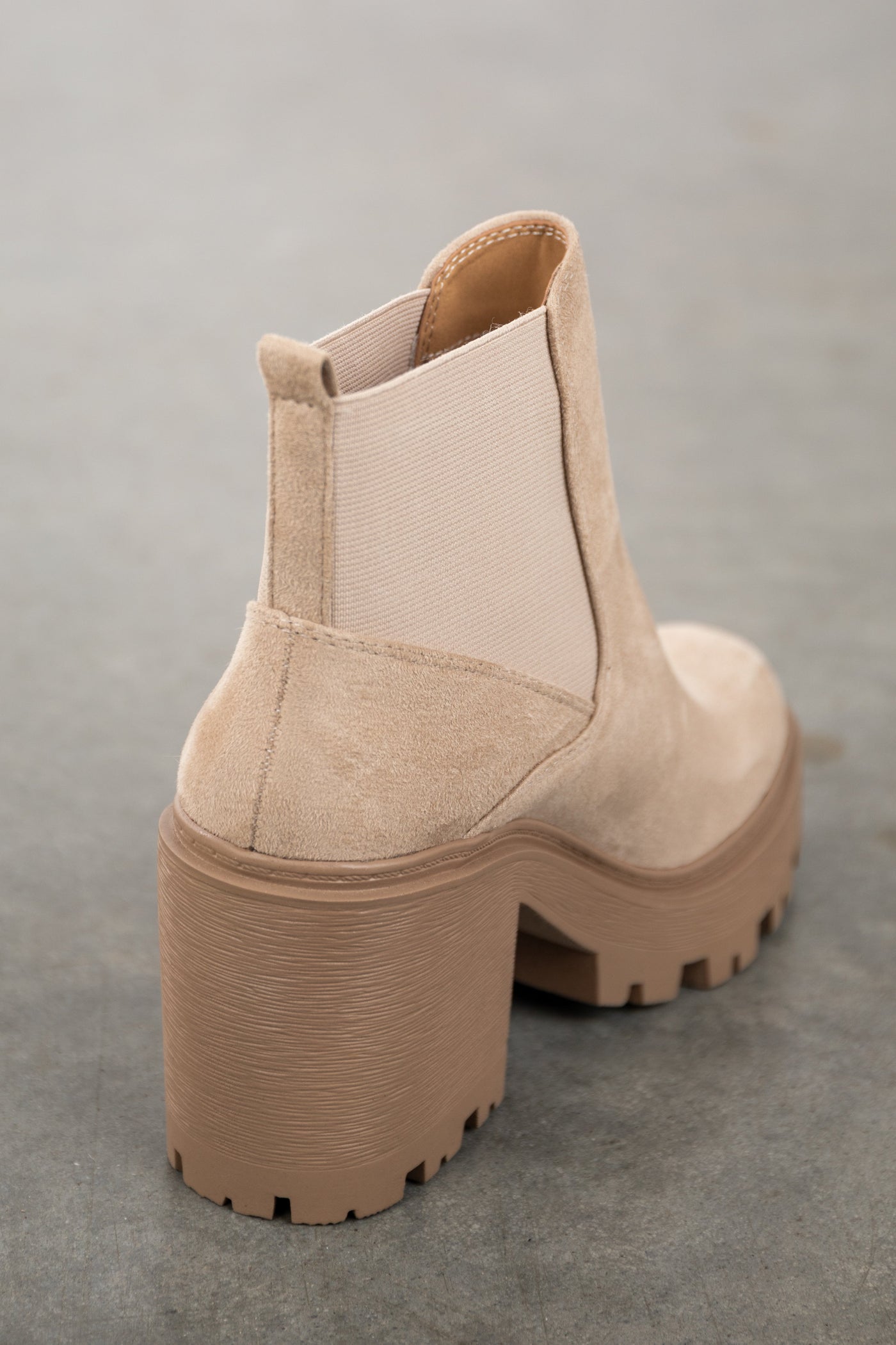 Beige Faux Suede Elastic Side Panel Lug Booties
