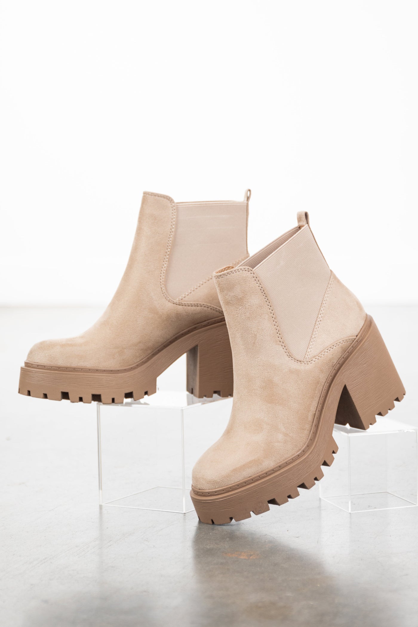 Beige Faux Suede Elastic Side Panel Lug Booties