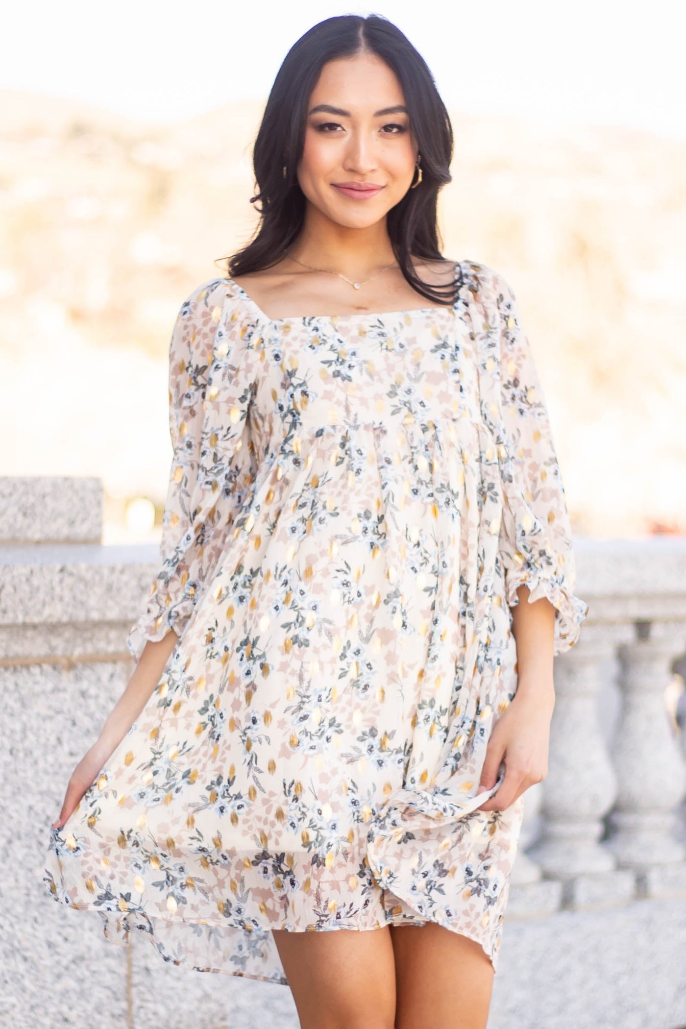 Beige Floral Metallic Print Babydoll Dress