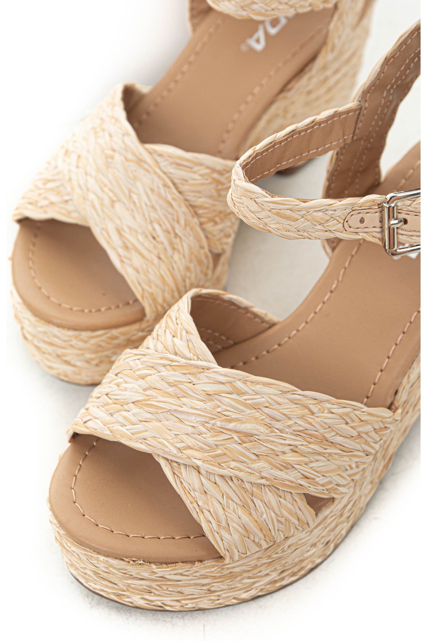 Beige Open Toed Braided Raffia Platform Heels