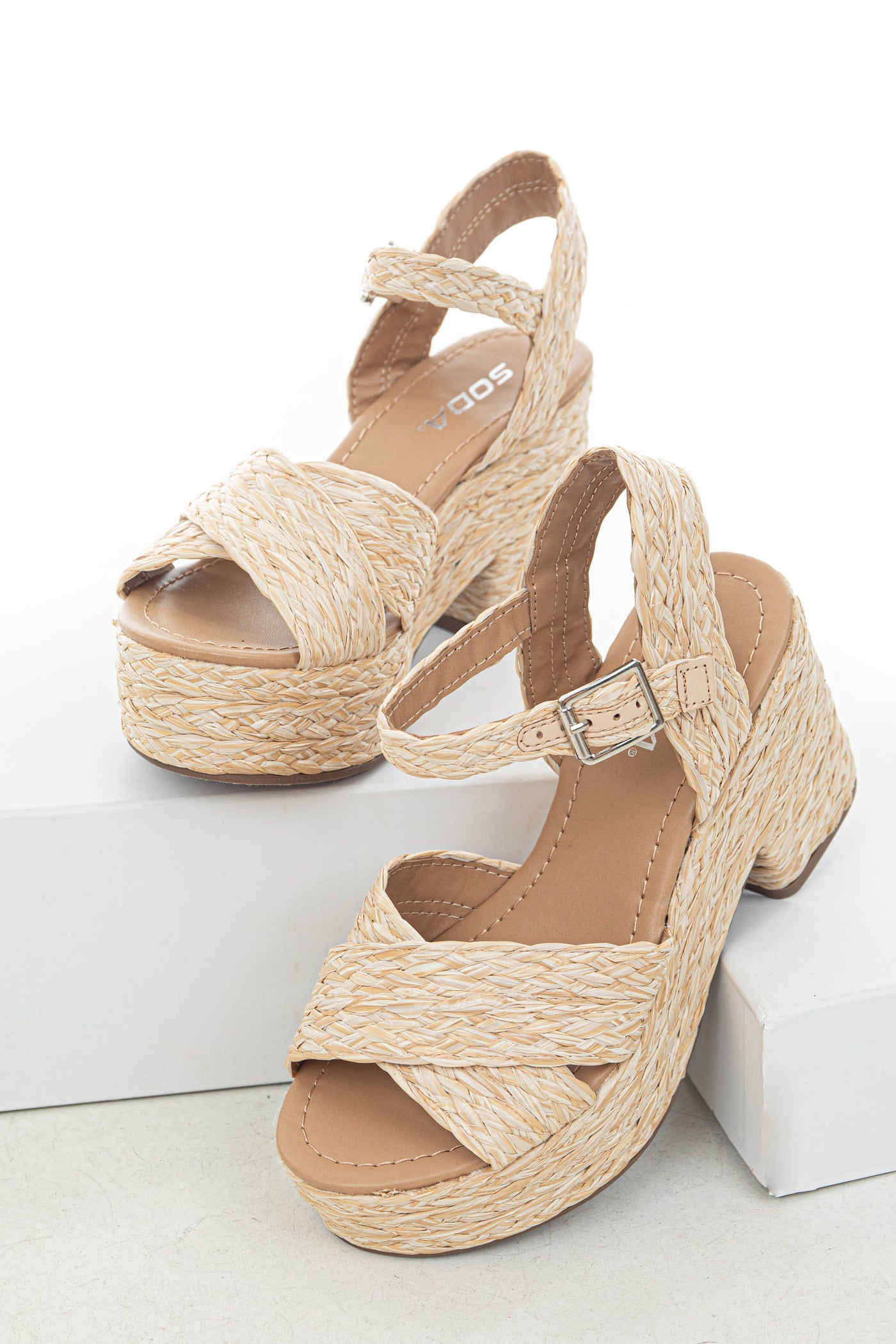 Beige Open Toed Braided Raffia Platform Heels