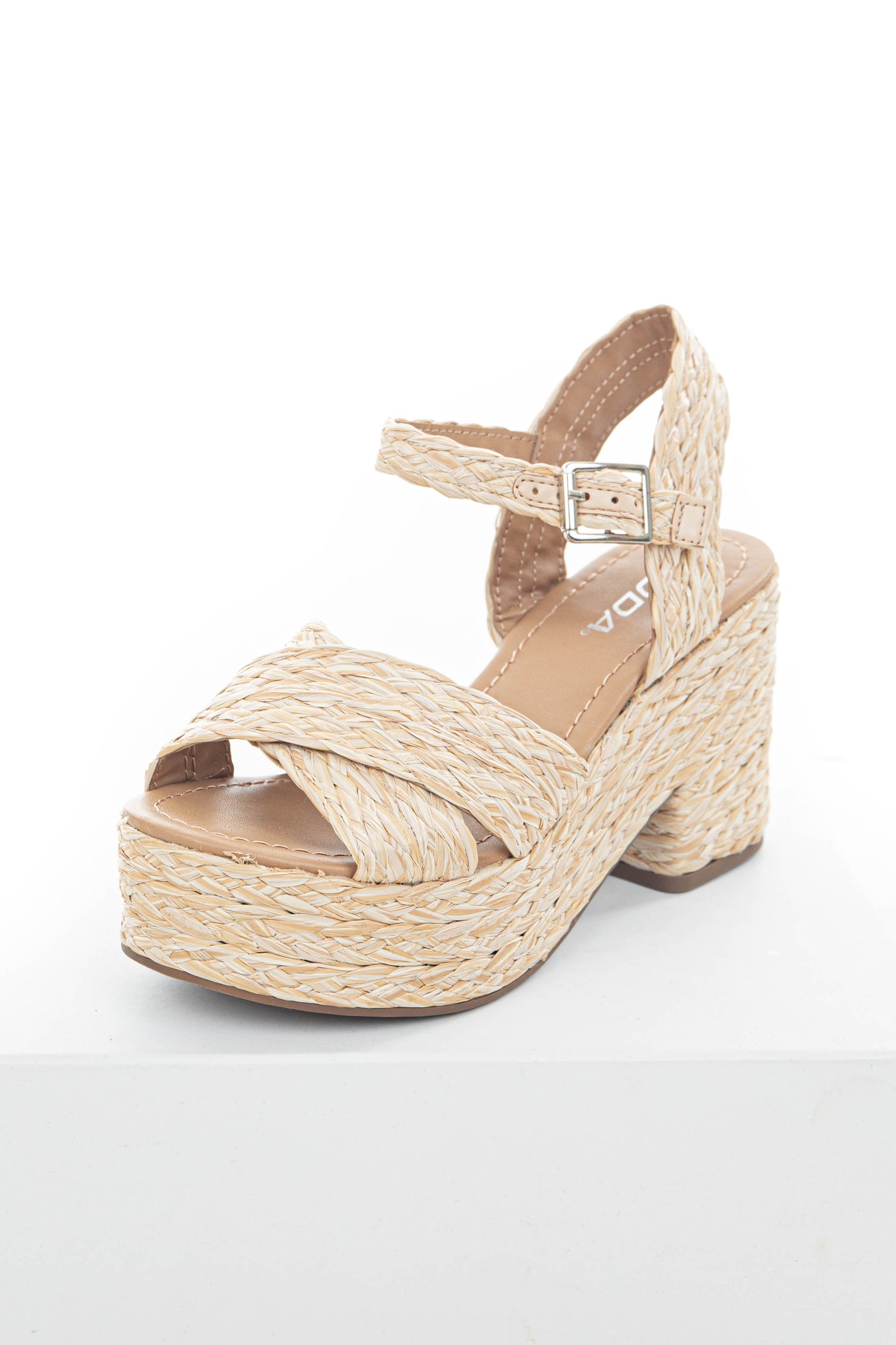 Beige Open Toed Braided Raffia Platform Heels