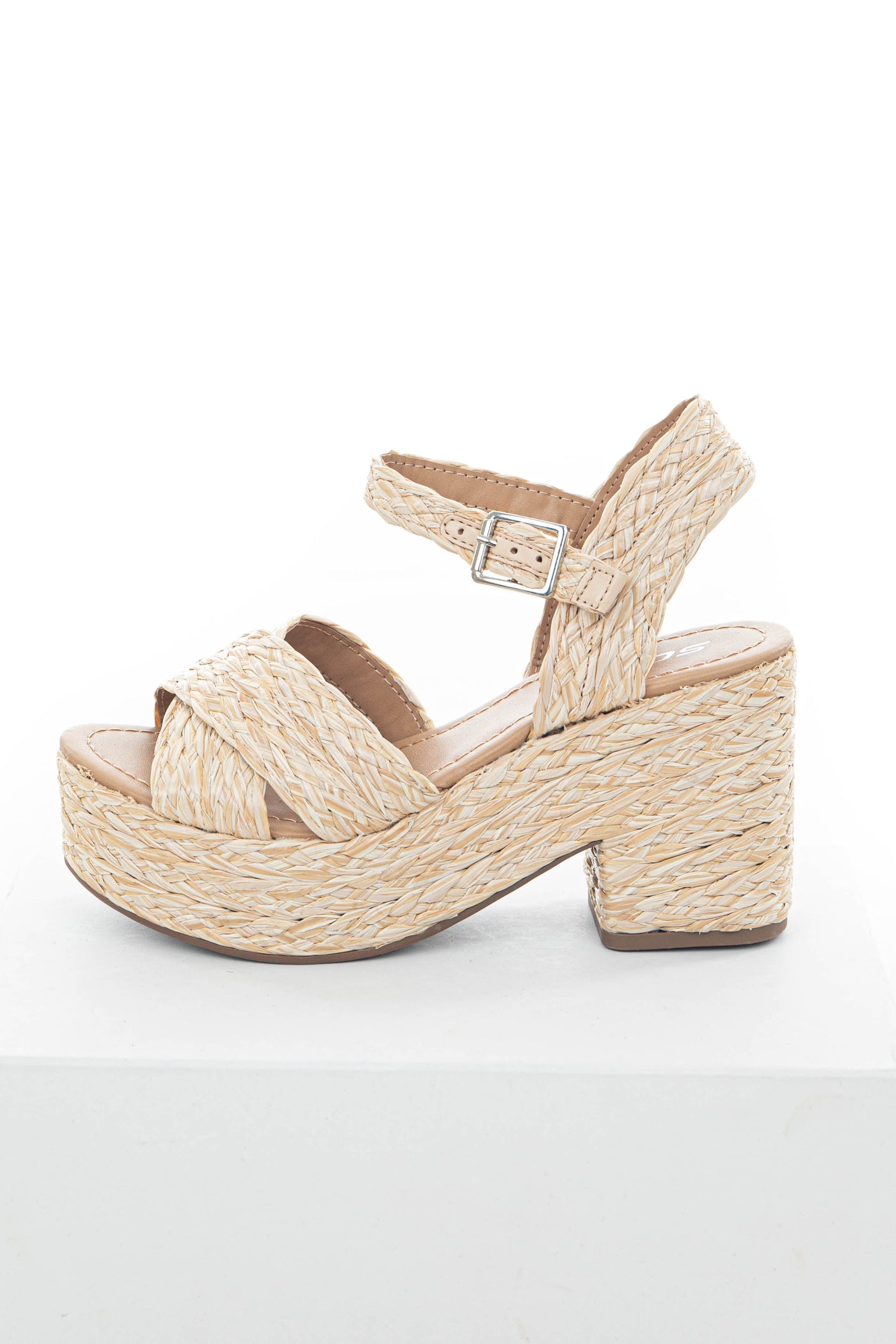 Beige Open Toed Braided Raffia Platform Heels