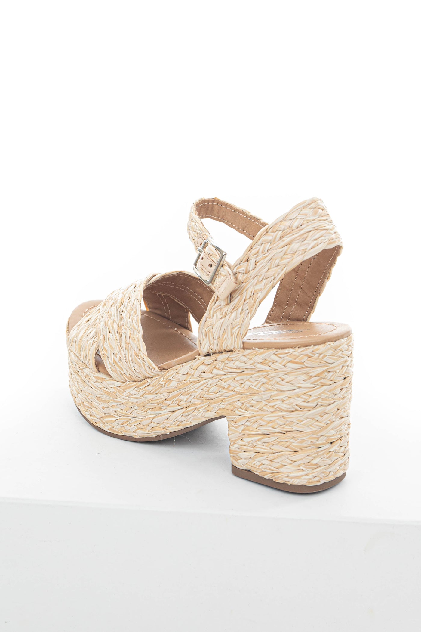 Beige Open Toed Braided Raffia Platform Heels