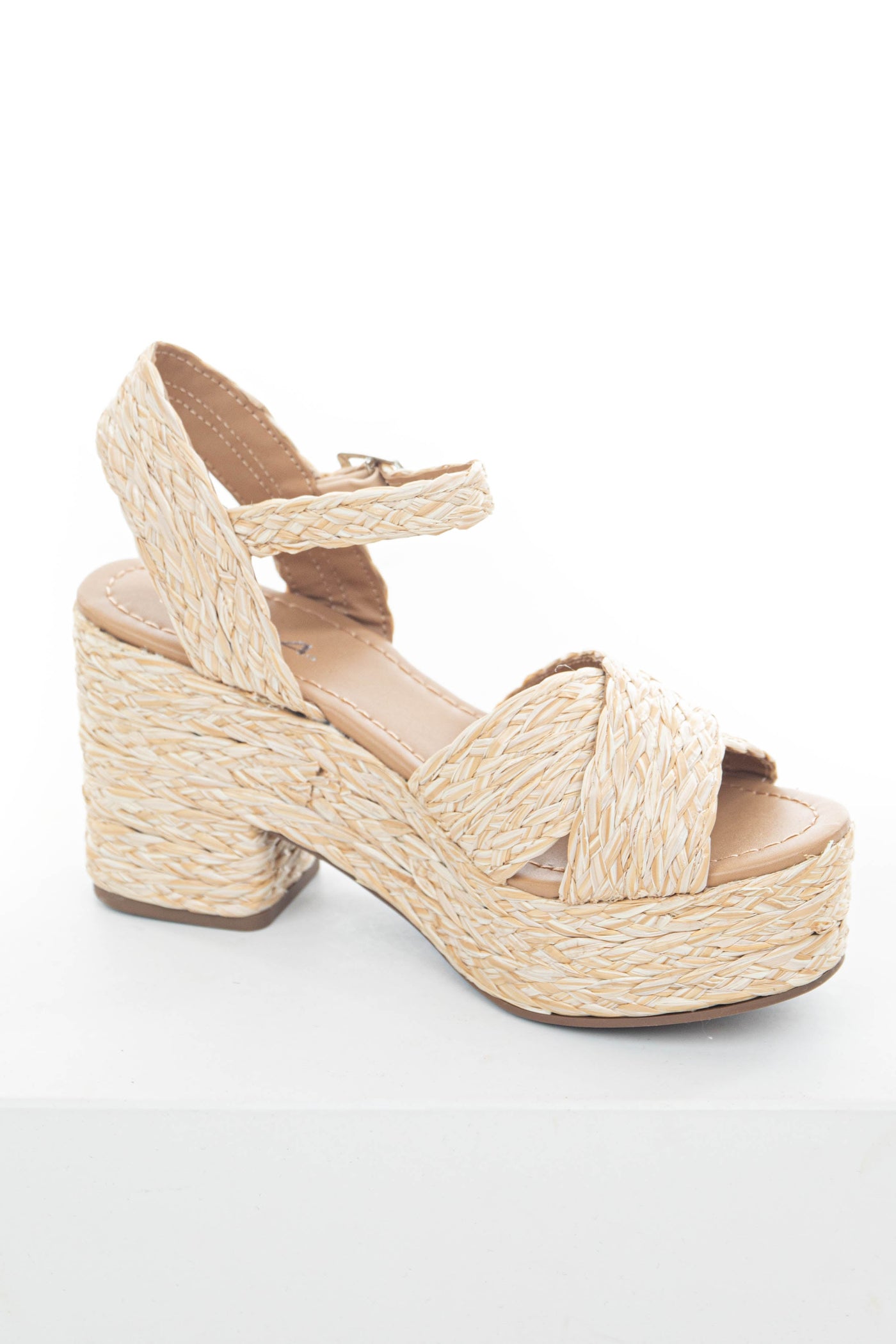 Beige Open Toed Braided Raffia Platform Heels