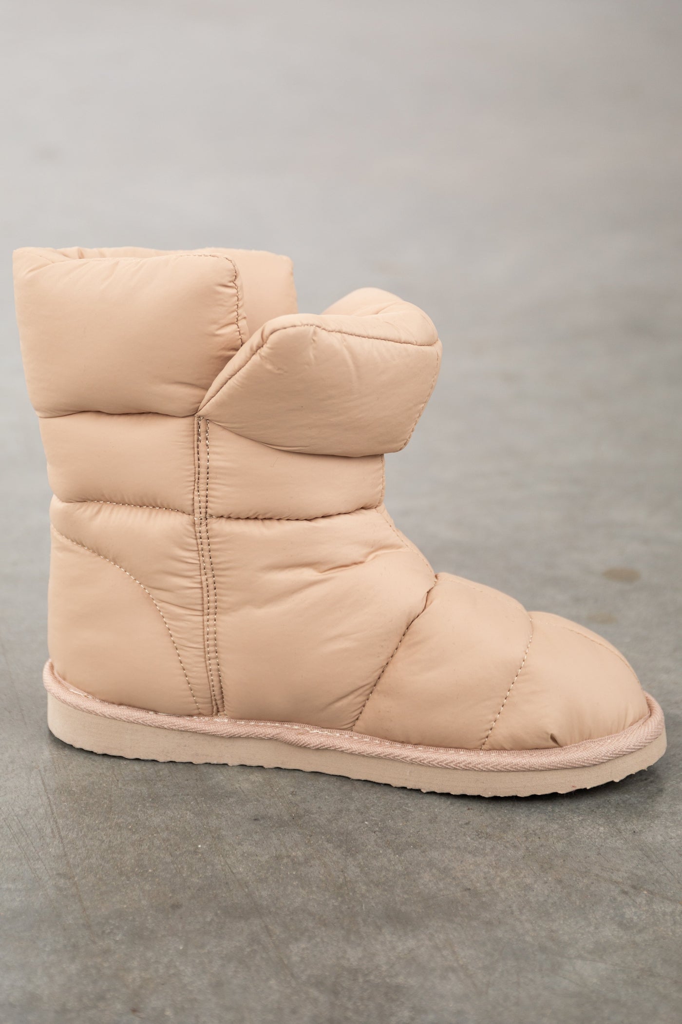 Beige Rounded Toe Split Side Puffer Booties