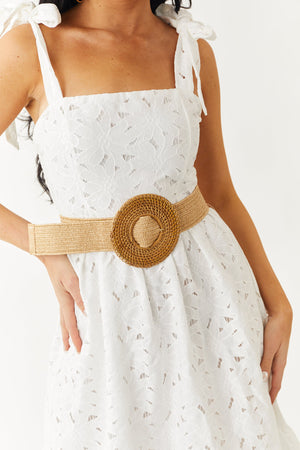 Beige Straw Belt with Circle Basket Weave Buckle