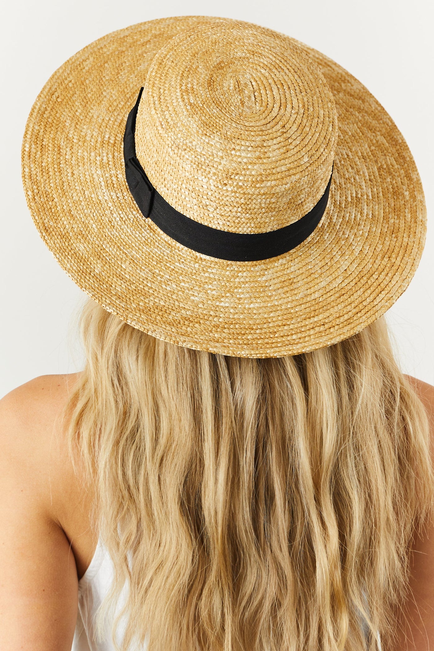Beige Two Tone Straw Black Ribbon Boater Hat