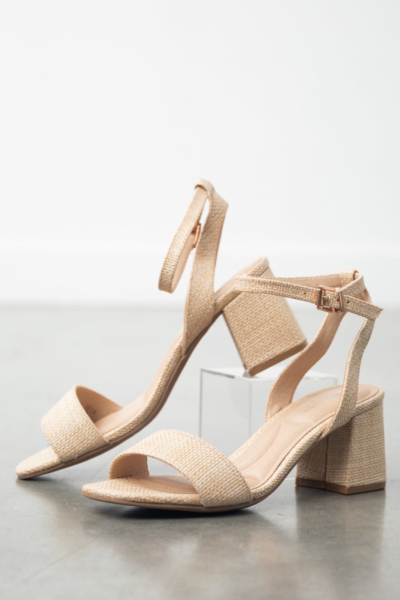 Beige Woven Straw Block Heels with Ankle Strap