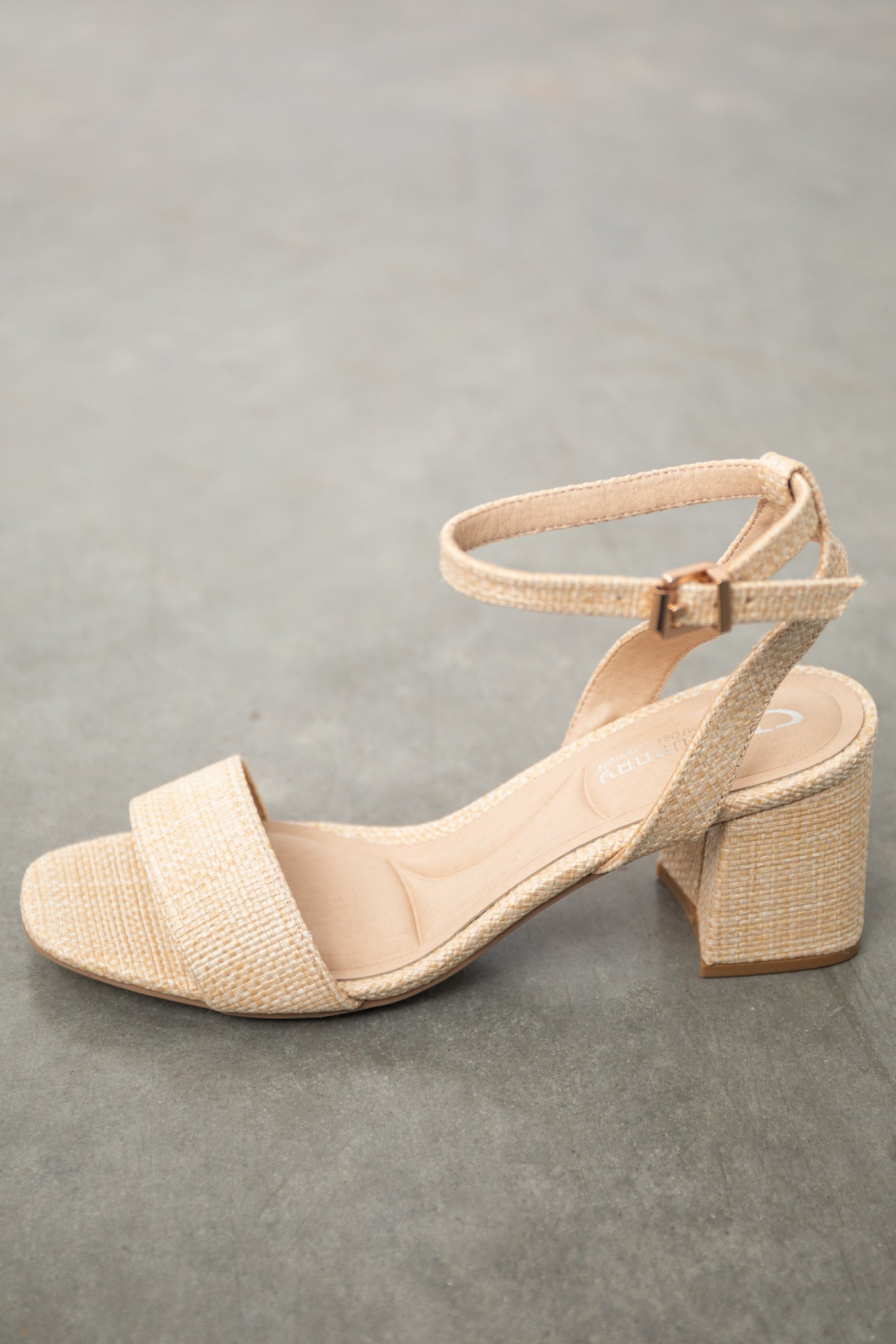 Beige Woven Straw Block Heels with Ankle Strap