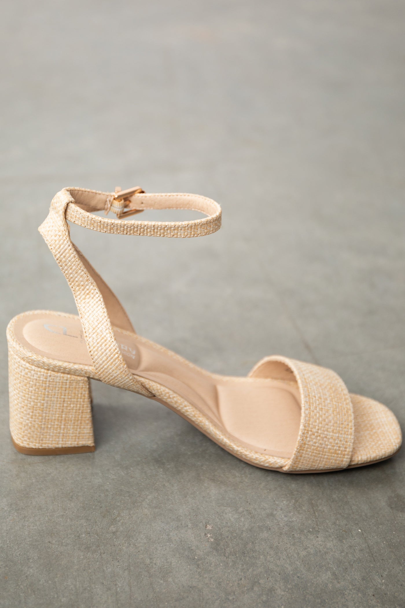 Beige Woven Straw Block Heels with Ankle Strap