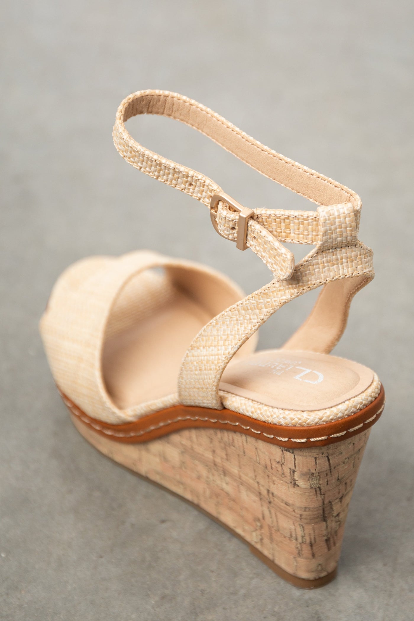 Beige Woven Straw Cork Wedge Heels