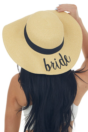 Beige 'Bride' Embroidered Straw Sun Hat