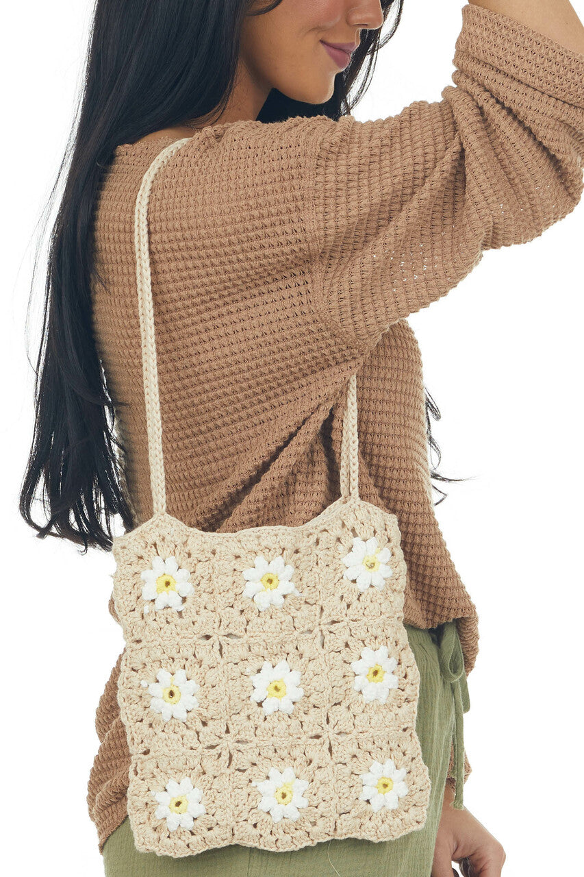 Beige Daisy Print Crochet Tote Bag