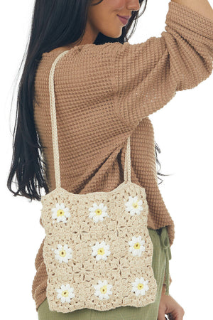 Beige Daisy Print Crochet Tote Bag