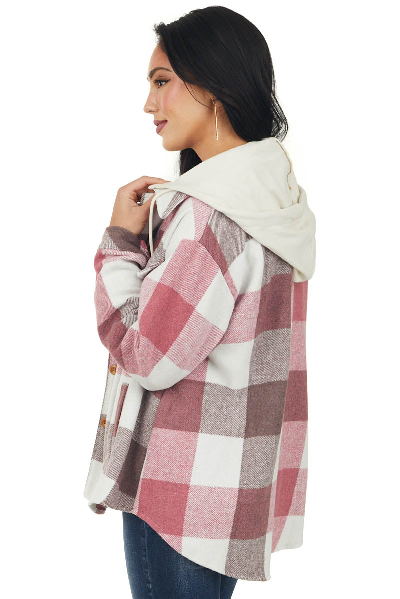 Berry Plaid Drawstring Hood Fleece Shacket
