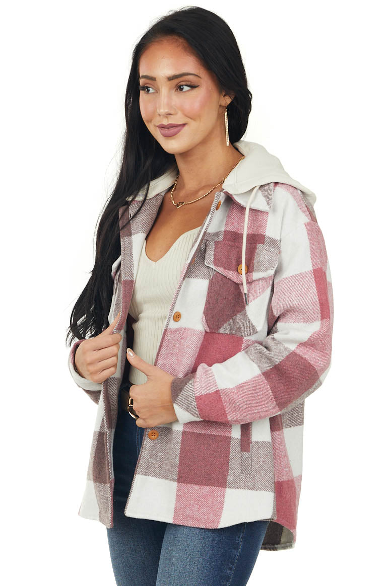 Berry Plaid Drawstring Hood Fleece Shacket