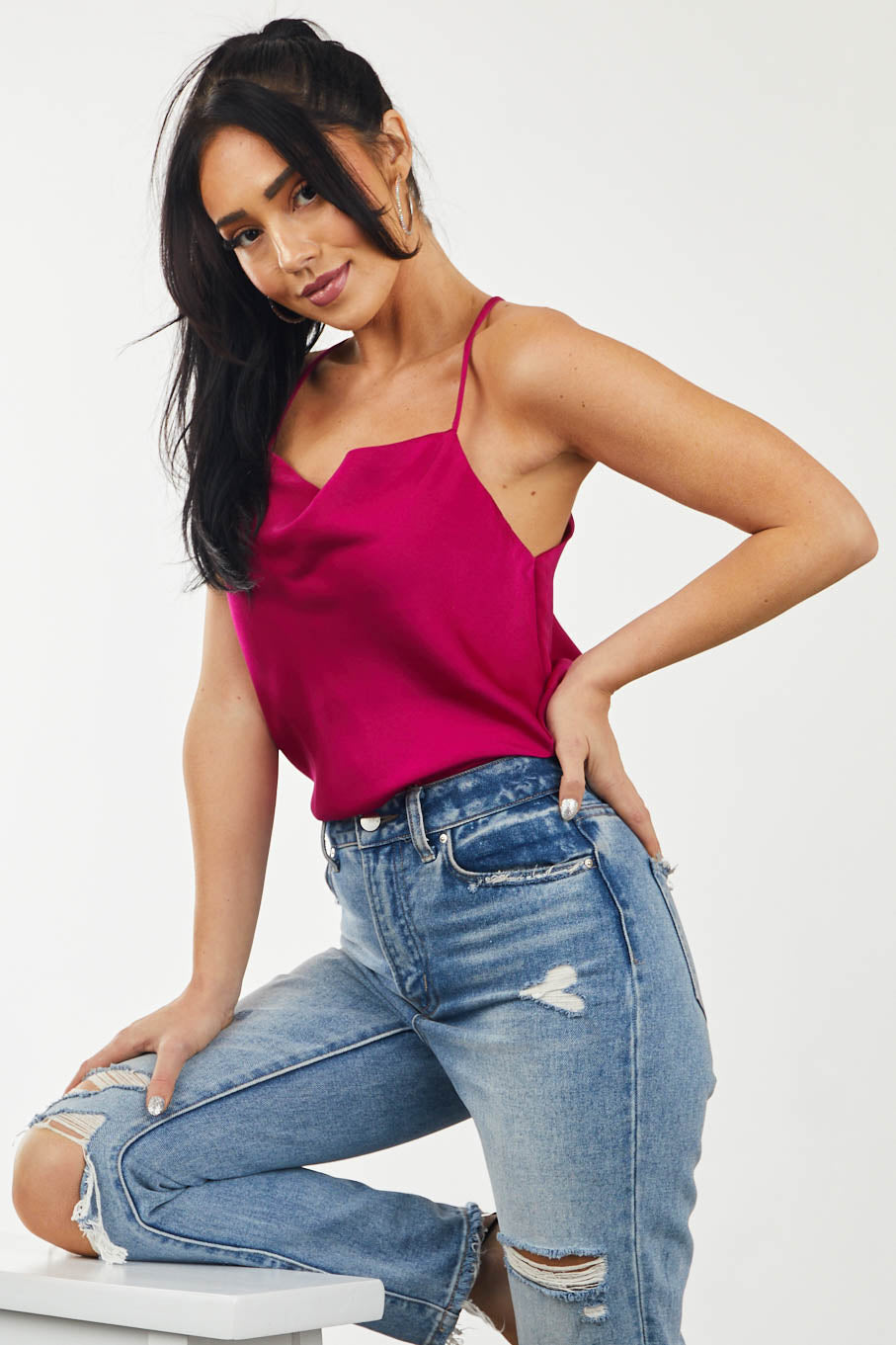 Berry Satin Cowl Neck Spaghetti Strap Cami