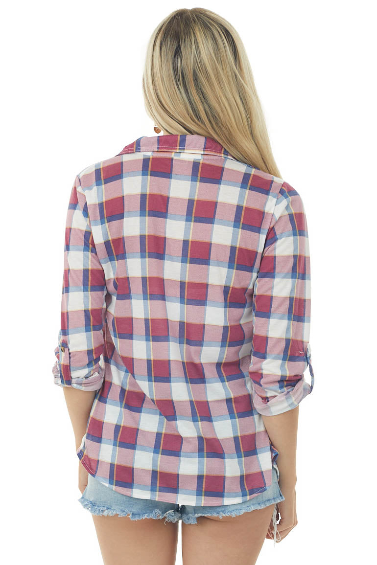 Berry and Cobalt Plaid Top with Chest Pocket