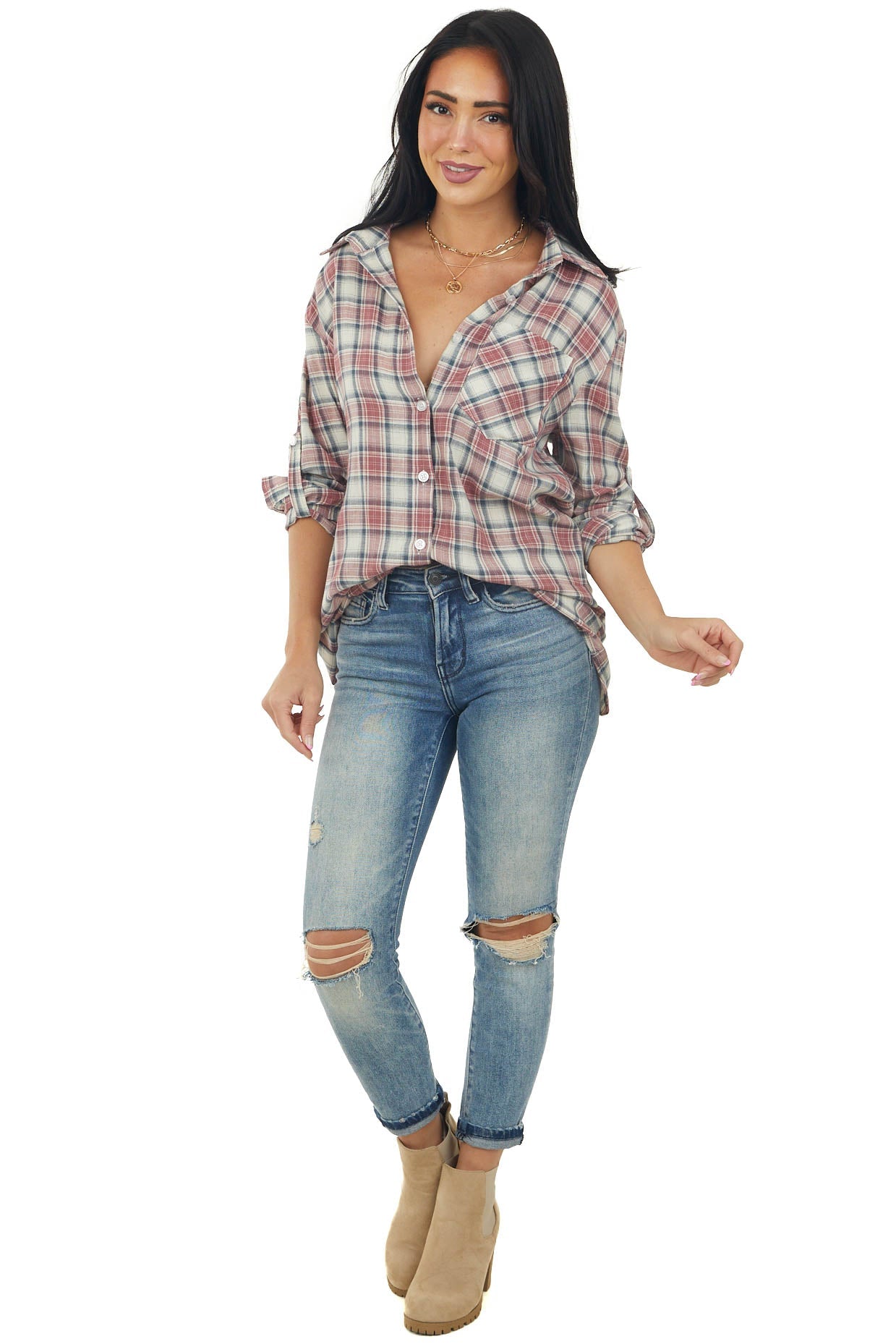 Berry and Pine Plaid Longline Botton Flannel