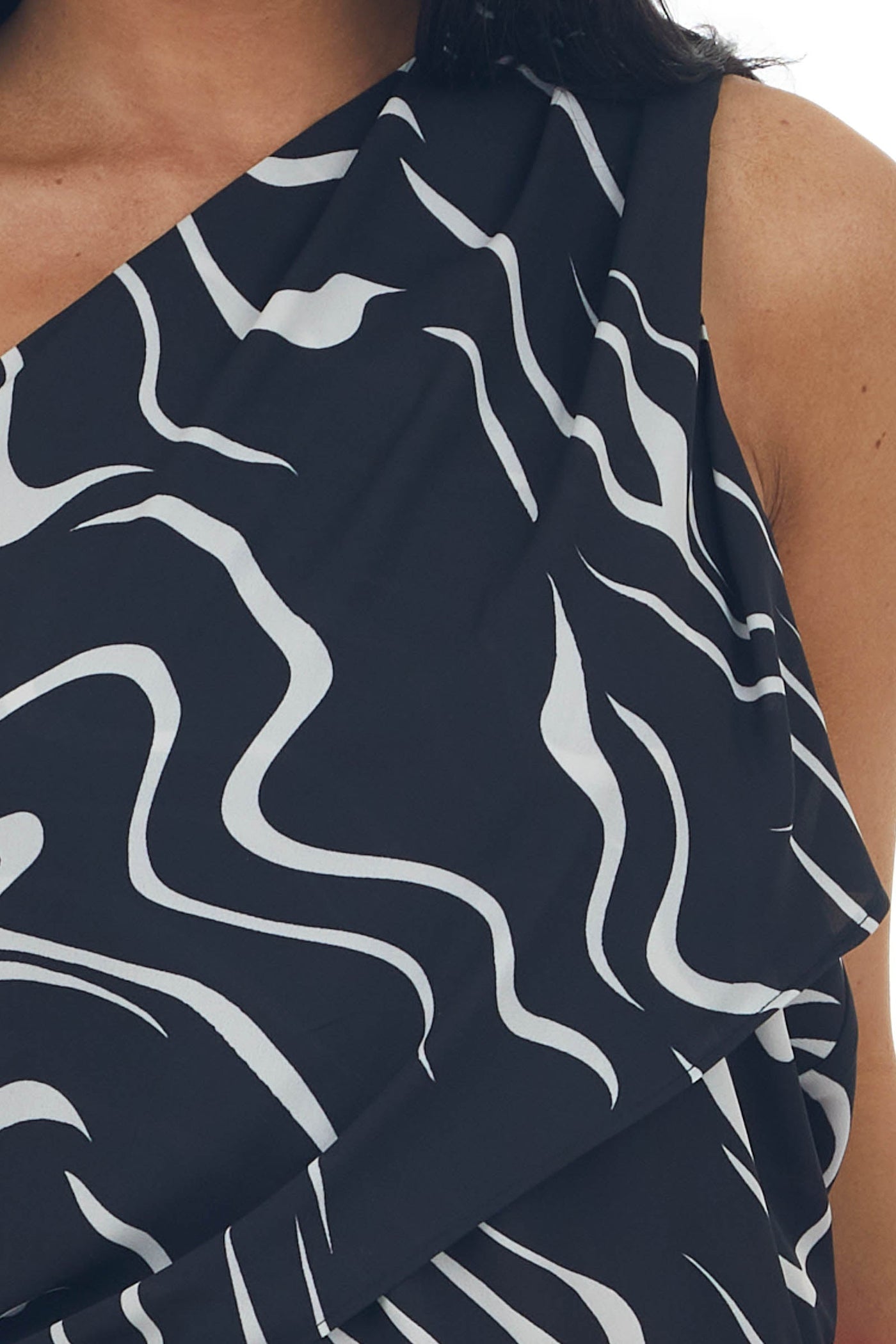 Black Abstract Print Overlay One Shoulder Blouse