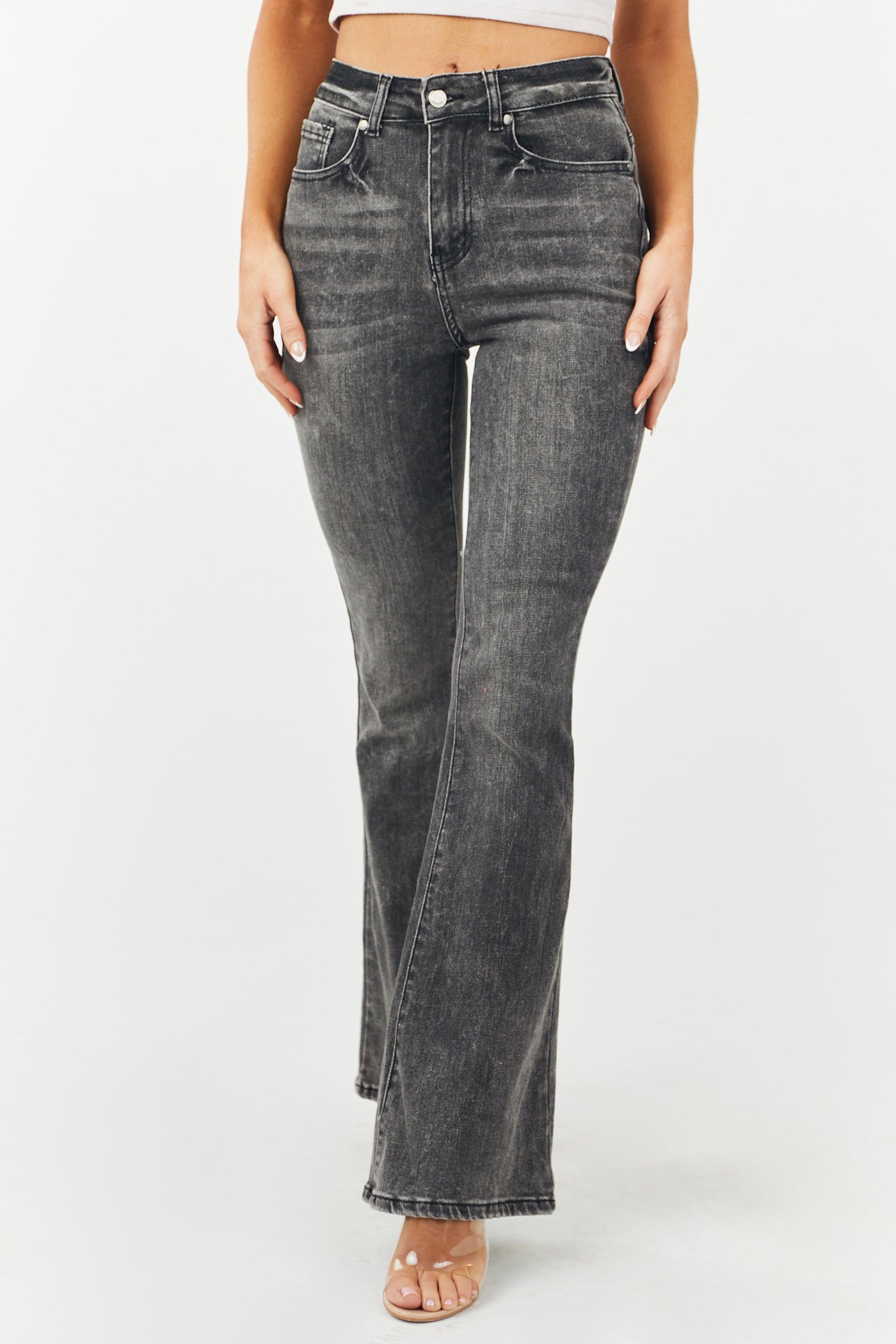 Black Acid Wash High Rise Flare Leg Jeans